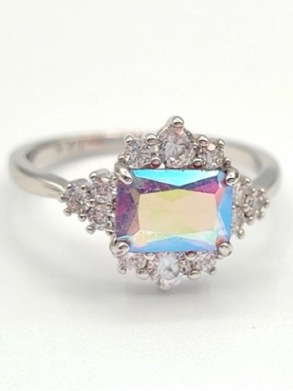 Silver Iridescent Opal Glass Halo Ring Size 5 Dainty Sparkle